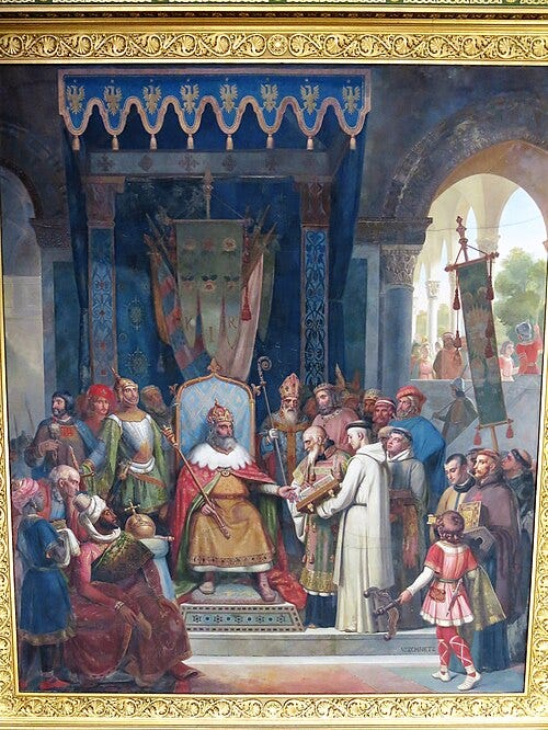 File:Charlemagne receiving Alcuin who shows to him the manuscripts written by his monks.jpg